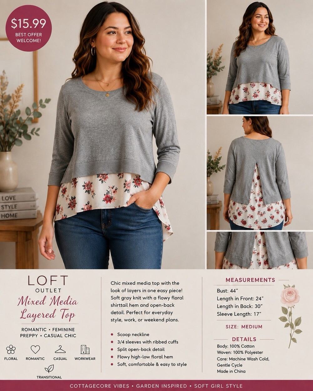 LOFT Outlet Medium Gray Floral Mixed Media Top Layered Shirttail Open Back EUC